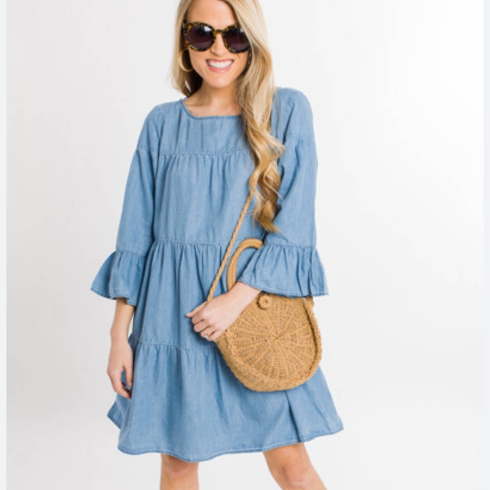 - -Saks Fifth Avenue 100% Linen Chambray Boho Ruffle Mini Dress Made In Italy